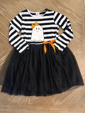 Black & White Ghost Tulle Dress with Orange Bow - Halloween Dress